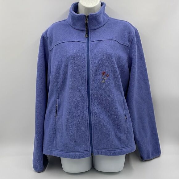 Periwinkle LL bean fleece jacket with embroidered flowers - Picture 1 of 13